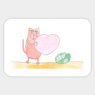 Cat holds the heart. Love, falling in love, friendship. Cute design, watercolor illustration. Pet, fun. Sticker